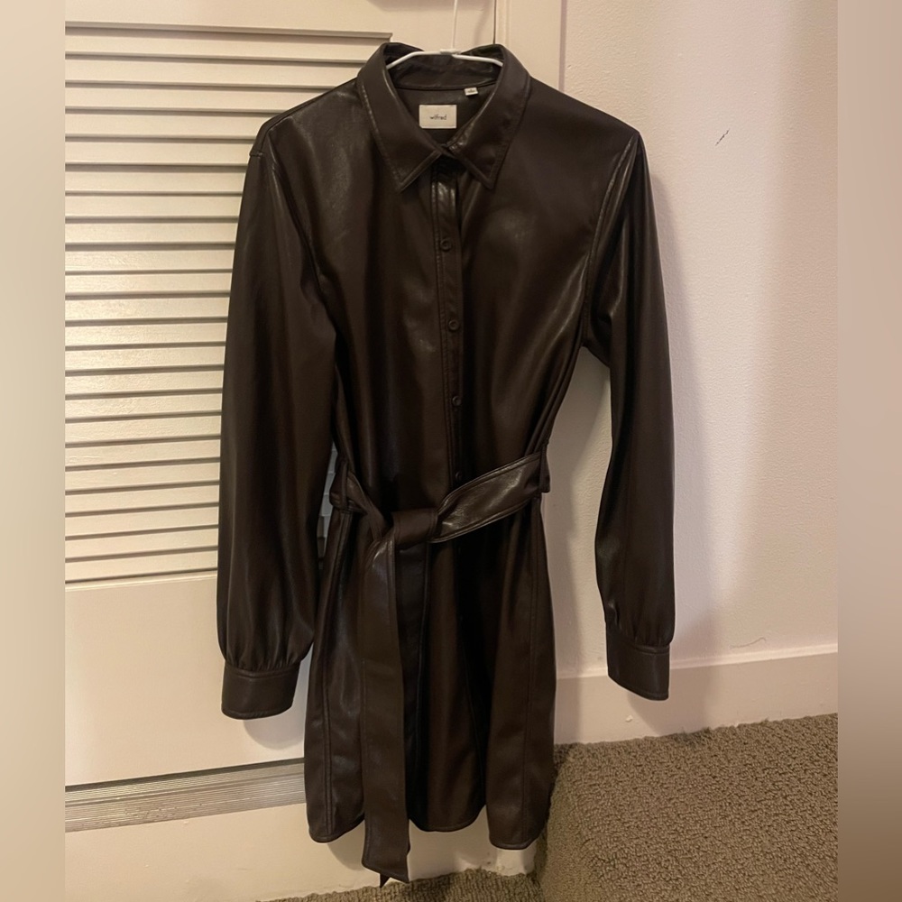 Aritzia Wilfred chocolate brown belted long shir